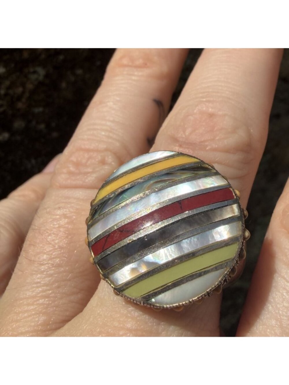 Southwestern Multi Stone Striped Inlay Ring 8 Sterling Silver MOP Jasper Boho - Picture 4 of 15